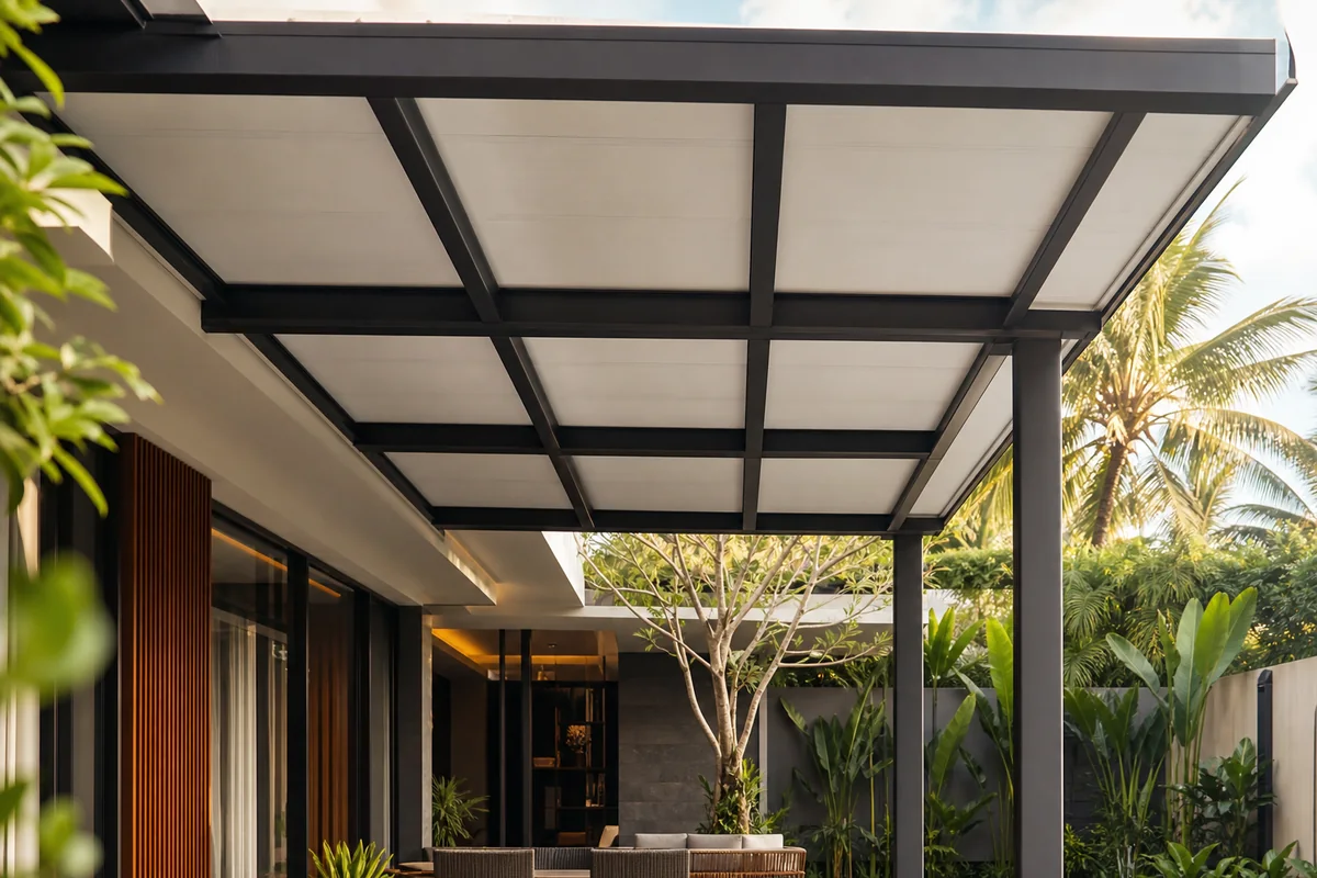 Kanopi modern yang menciptakan area teduh pada rumah tropis