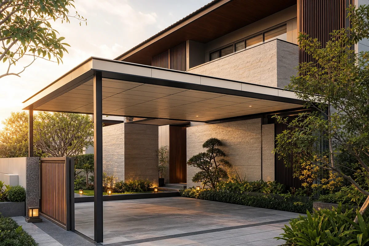 Kanopi premium pada rumah modern saat sore hari