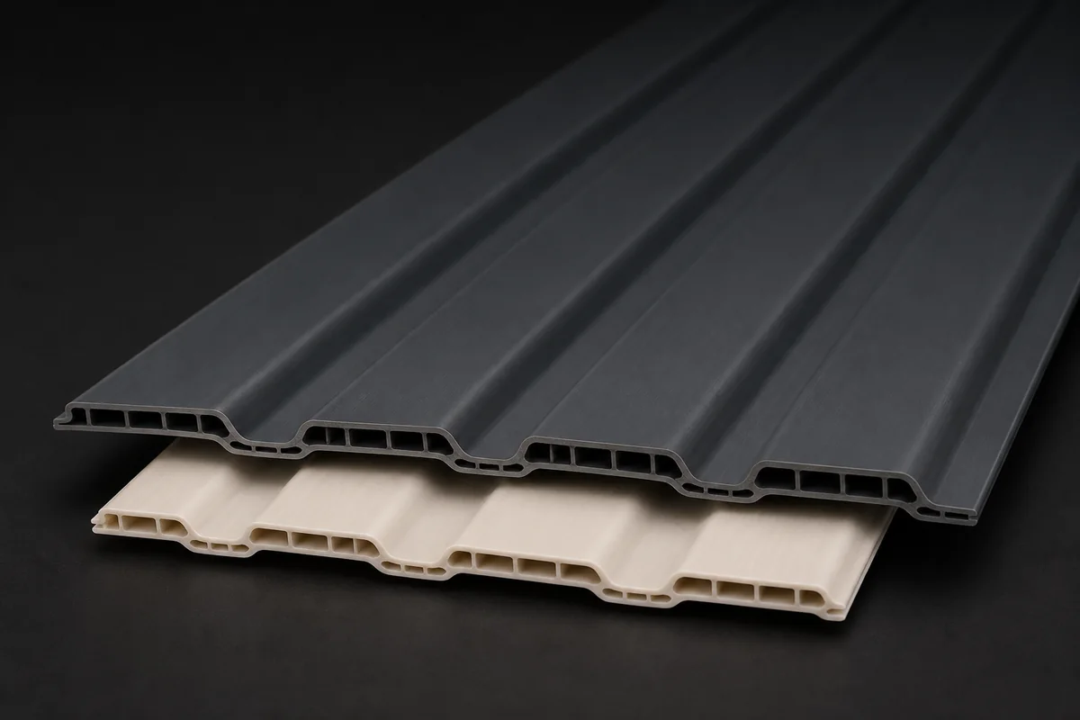Lembaran atap Alderon Lite warna charcoal dengan struktur berongga