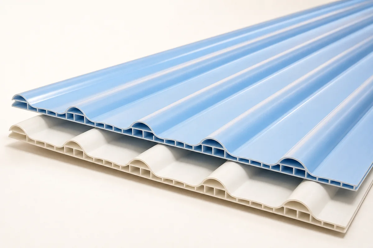 Lembaran atap uPVC Twinwall 830 warna biru dan putih dengan struktur rongga ganda